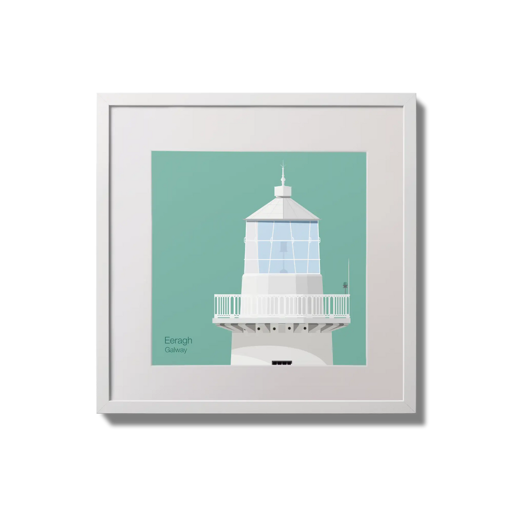 Contemporary wall hanging Eeragh lighthouse on an ocean green background,  in a white square frame measuring 20x20cm.