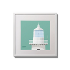 Contemporary wall hanging Eeragh lighthouse on an ocean green background,  in a white square frame measuring 20x20cm.