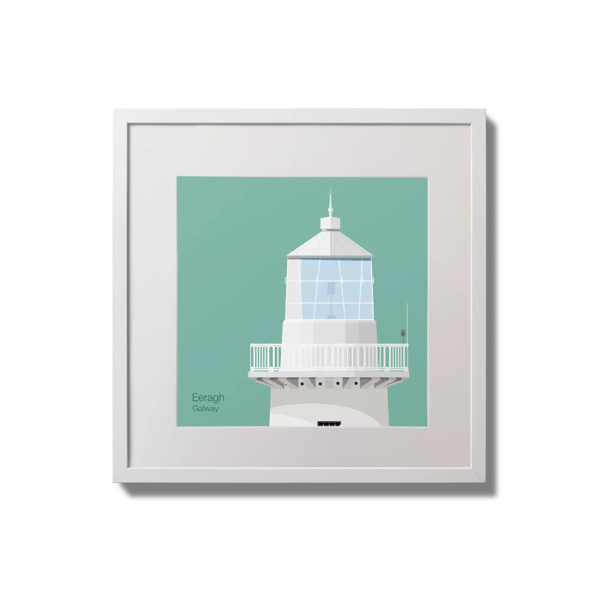 Contemporary wall hanging Eeragh lighthouse on an ocean green background,  in a white square frame measuring 20x20cm.