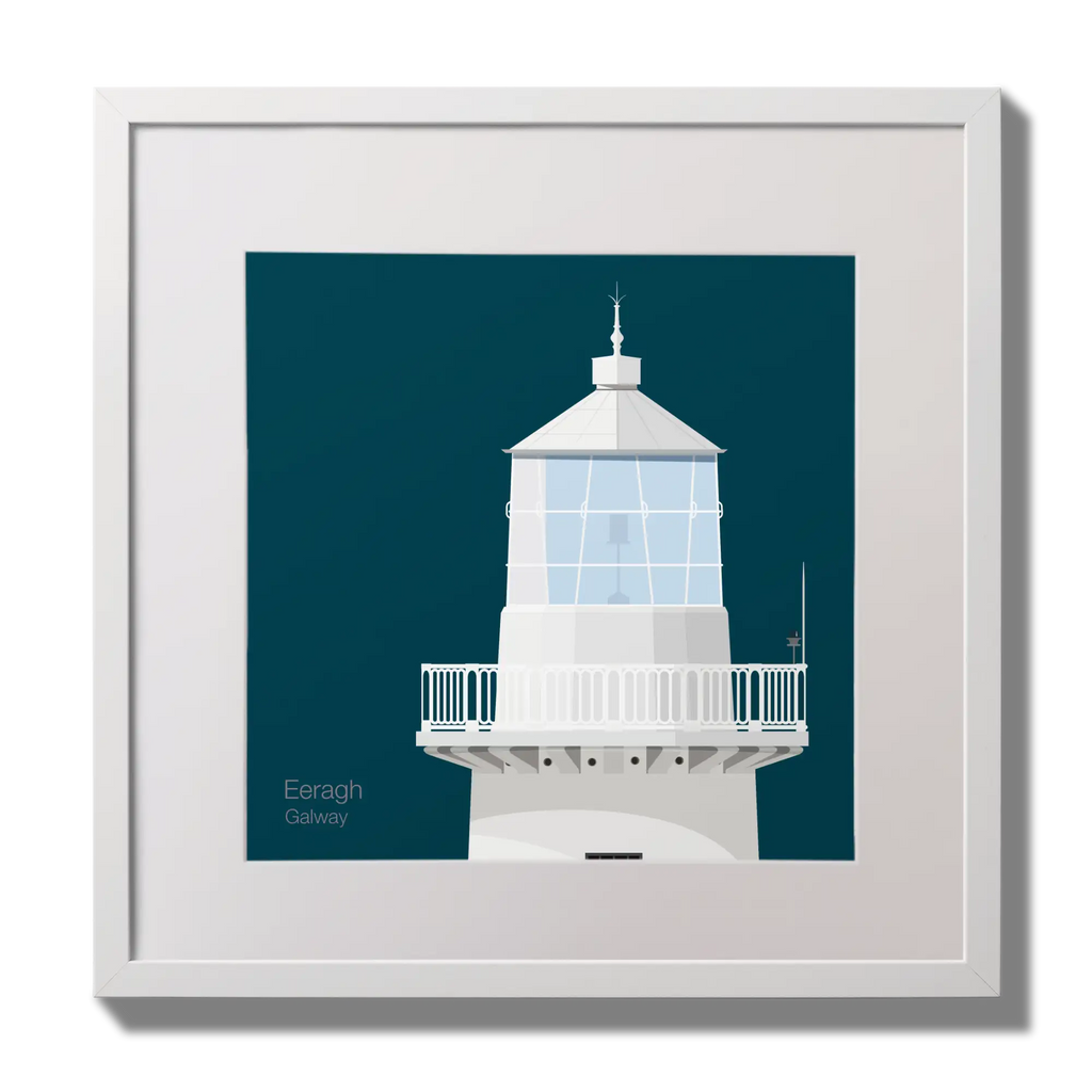 Illustration Eeragh lighthouse on a midnight blue background,  in a white square frame measuring 30x30cm.
