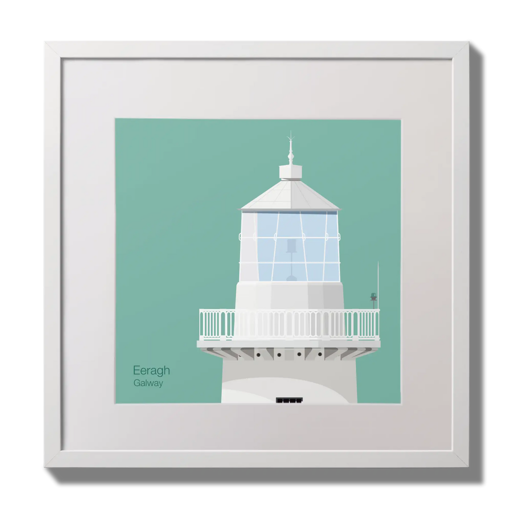 Illustration Eeragh lighthouse on an ocean green background,  in a white square frame measuring 30x30cm.