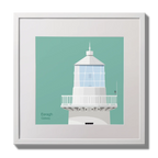 Illustration Eeragh lighthouse on an ocean green background,  in a white square frame measuring 30x30cm.