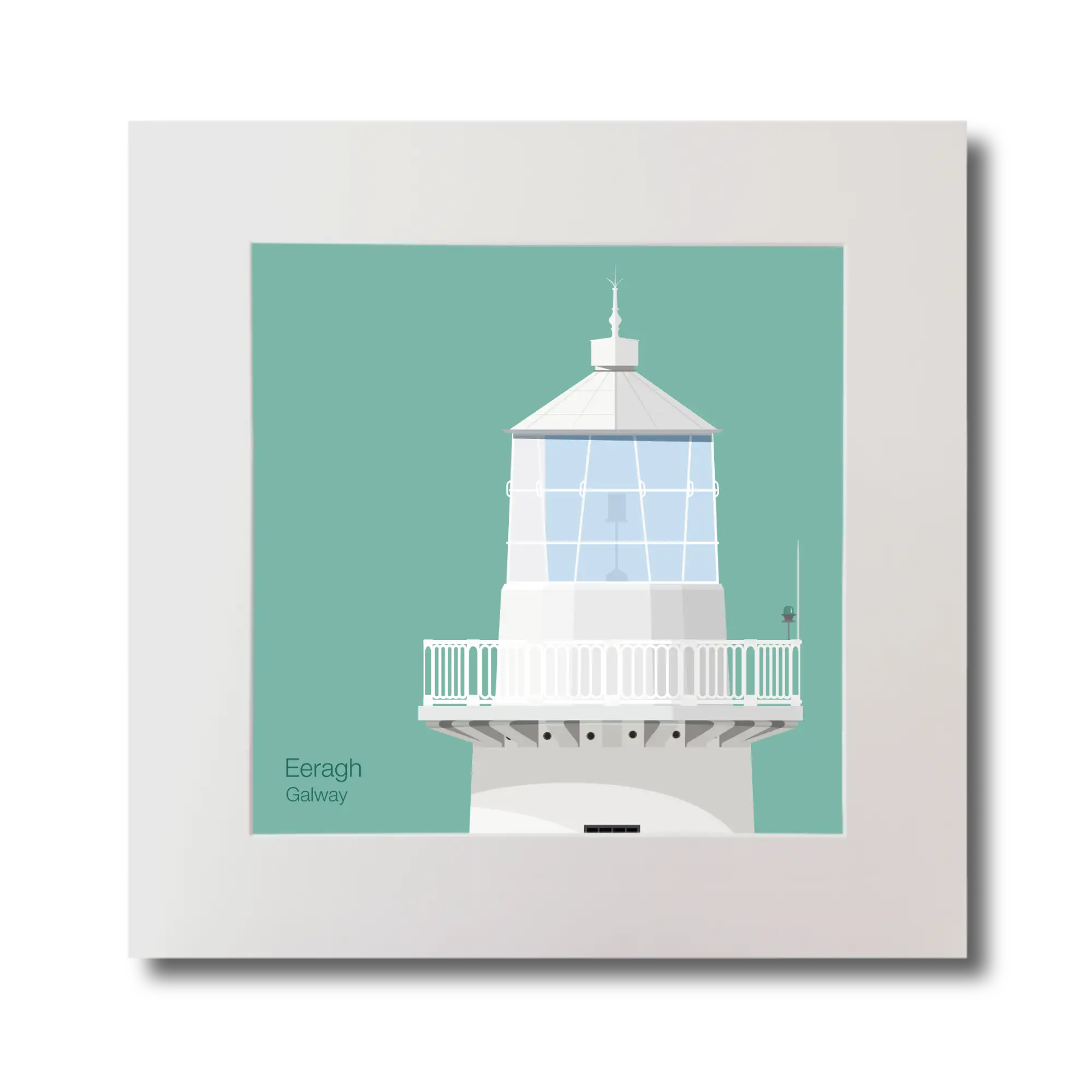 Illustration Eeragh lighthouse on an ocean green background, mounted and measuring 30x30cm.