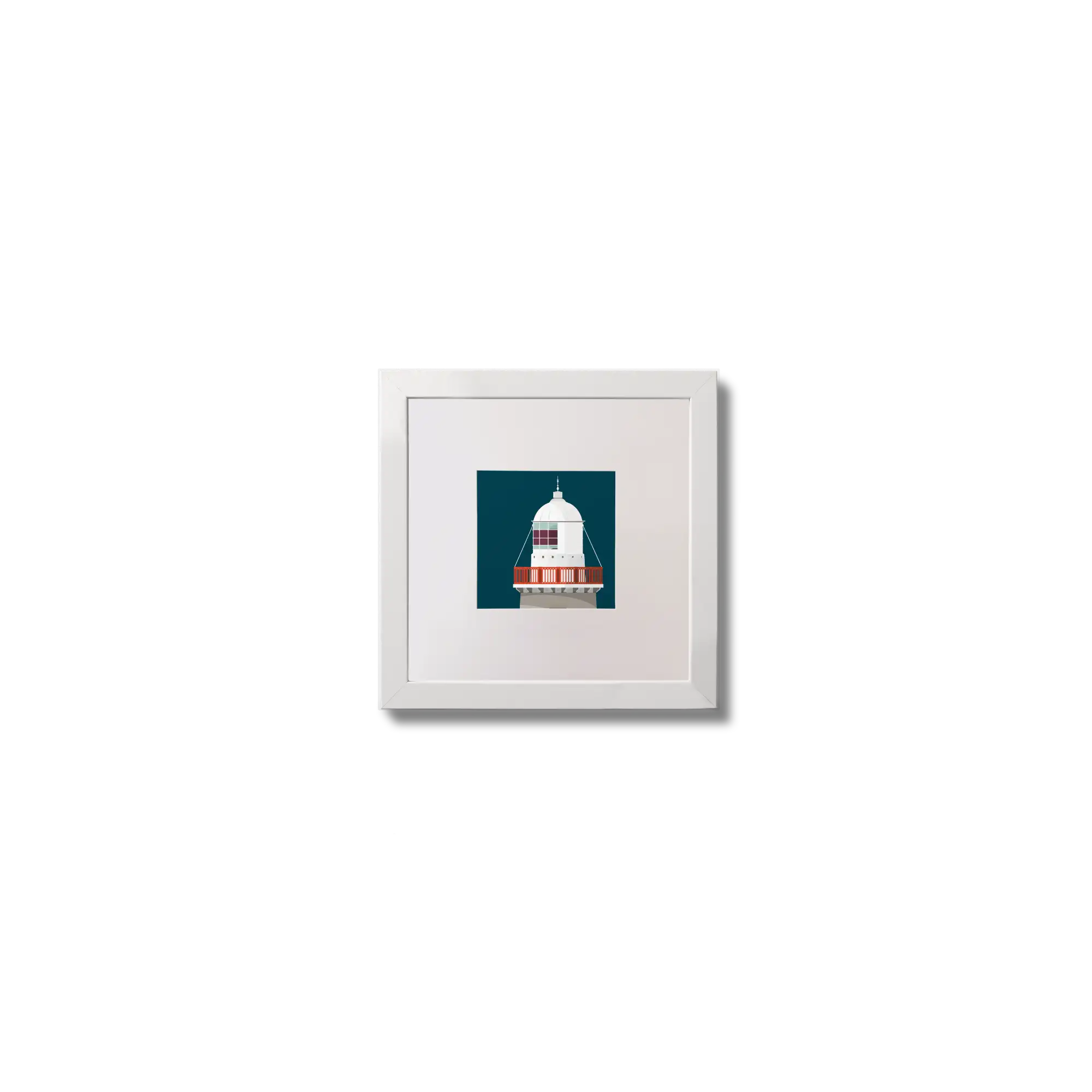 Contemporary wall art Little Samphire lighthouse on a midnight blue background,  in a white square frame measuring 10x10cm.