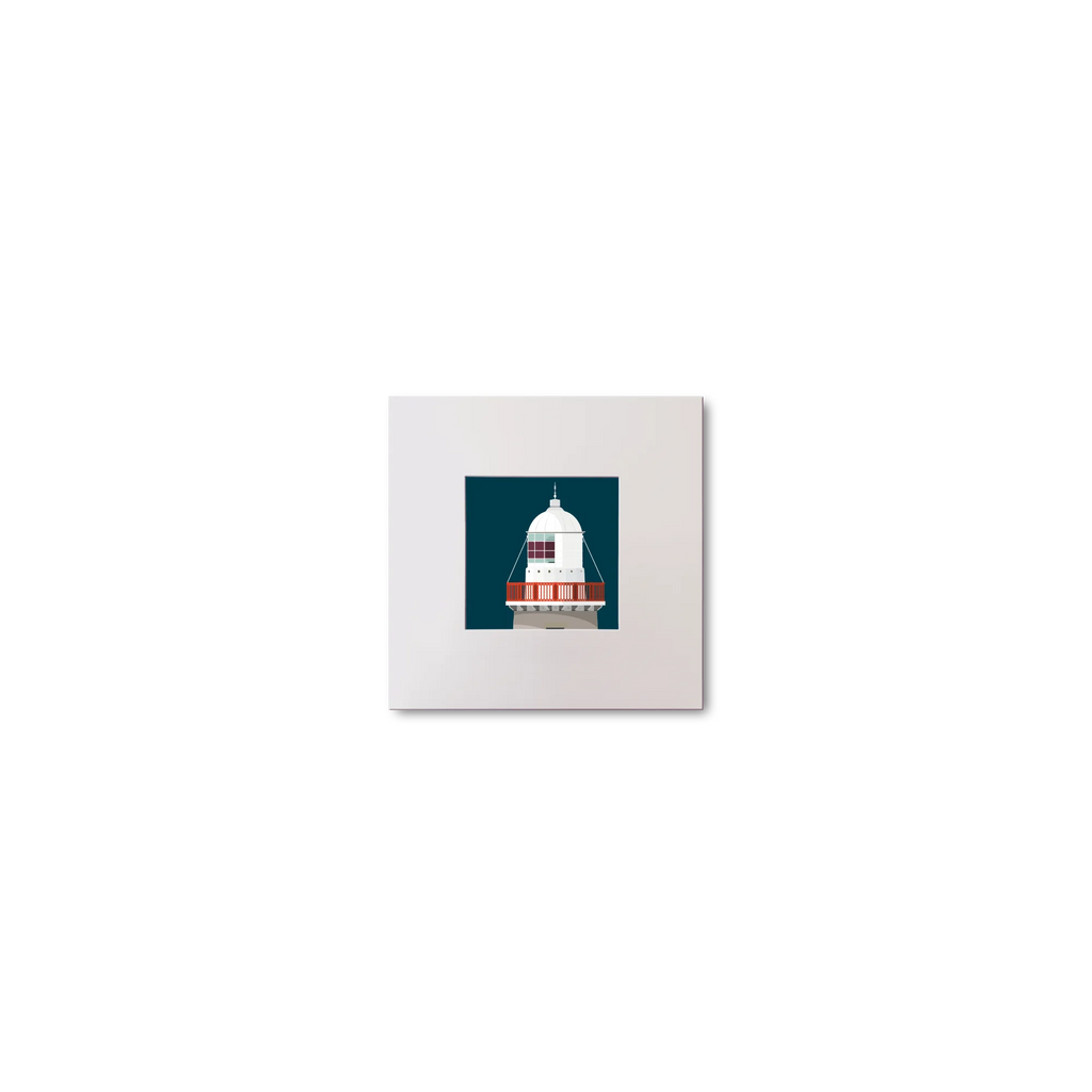 Illustration Little Samphire lighthouse on a midnight blue background, mounted and measuring 10x10cm.