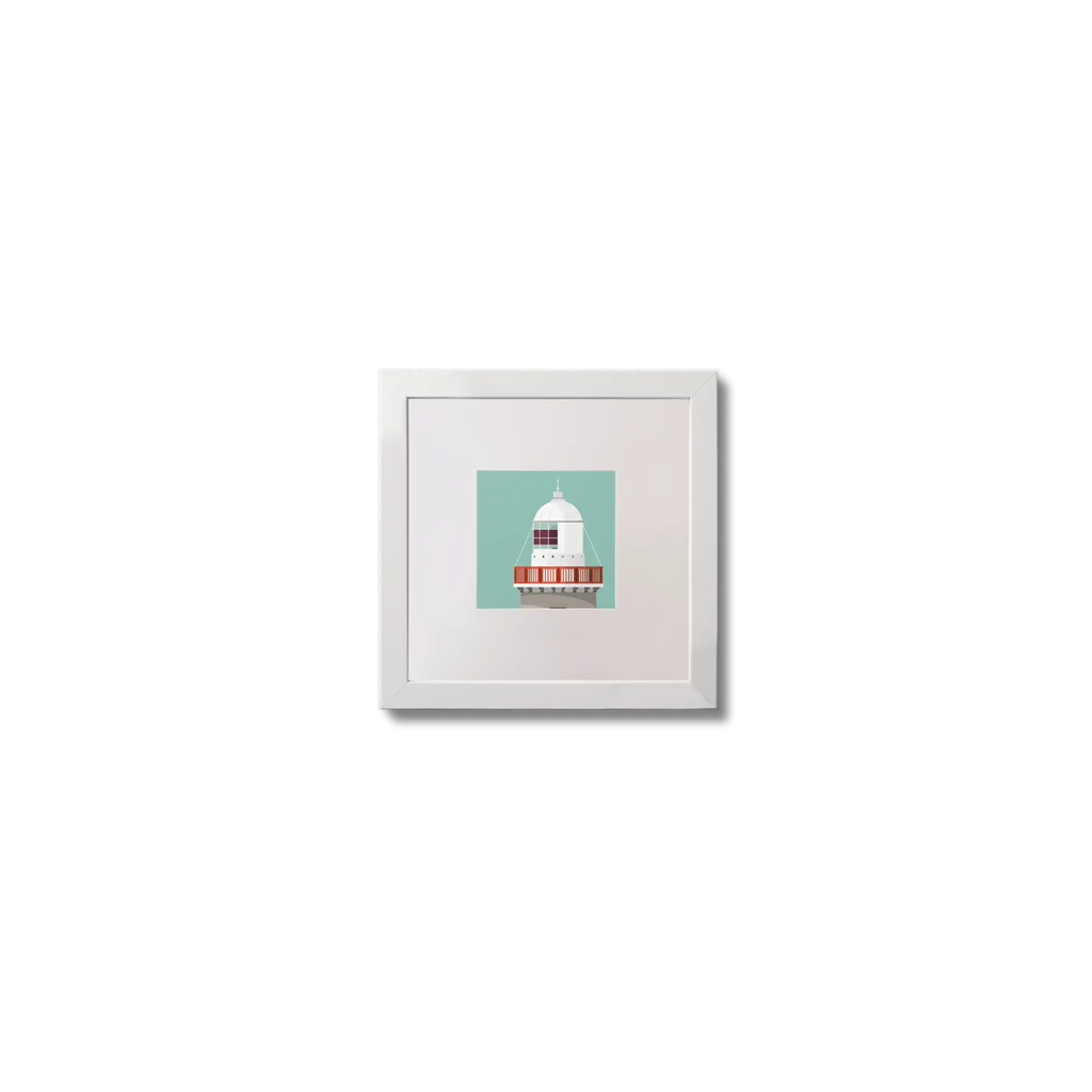 Illustration Little Samphire lighthouse on an ocean green background,  in a white square frame measuring 10x10cm.