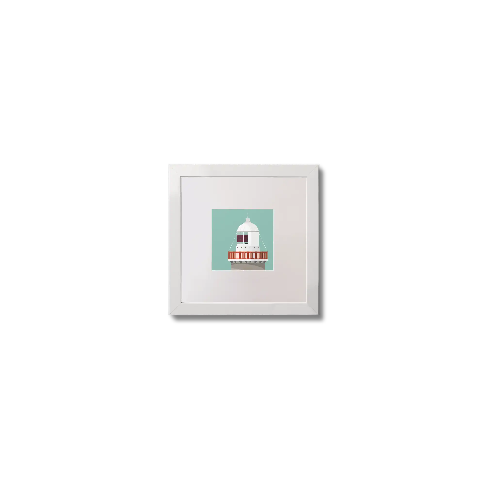 Illustration Little Samphire lighthouse on an ocean green background,  in a white square frame measuring 10x10cm.