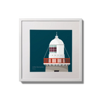 Framed wall art decoration Little Samphire lighthouse on a midnight blue background,  in a white square frame measuring 20x20cm.