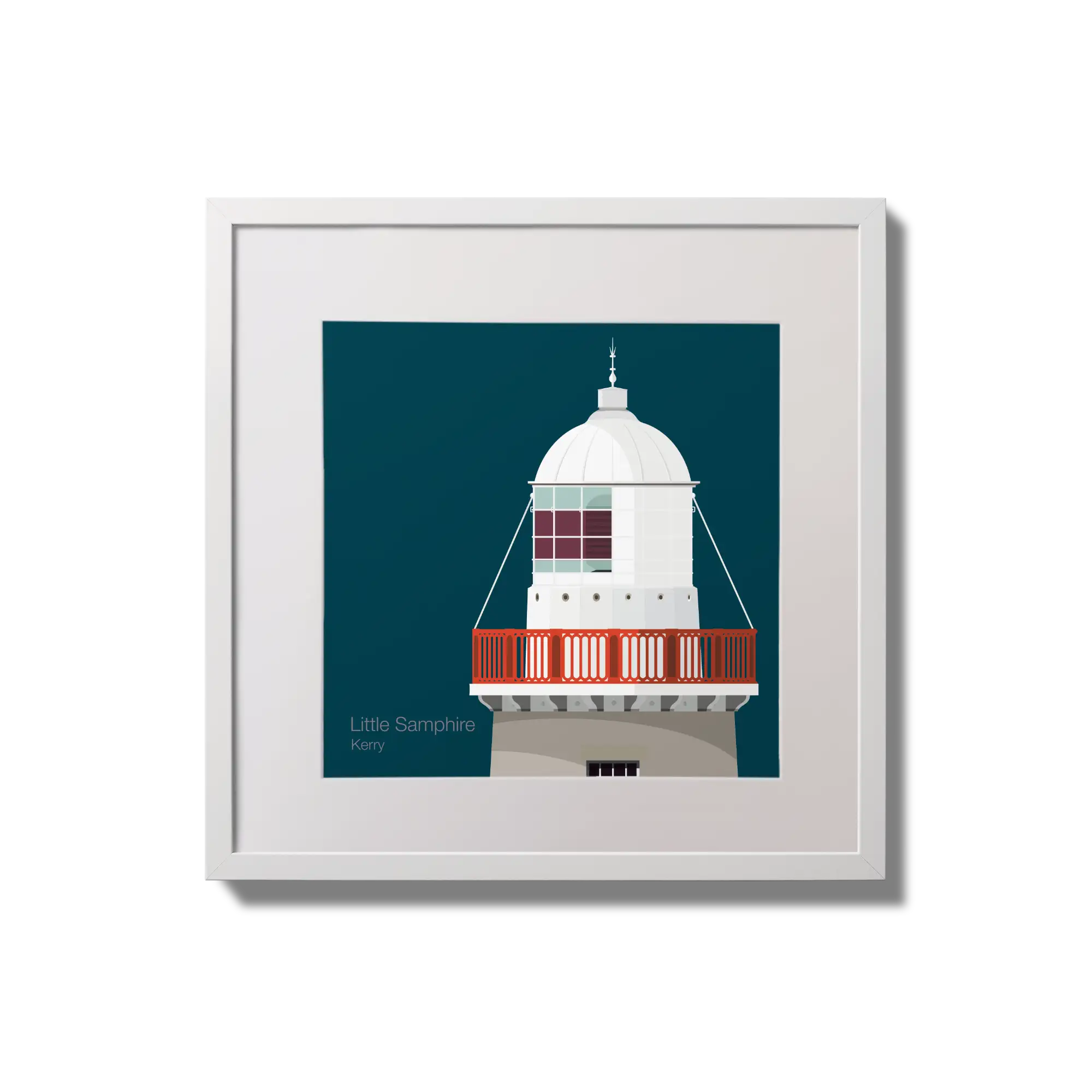 Framed wall art decoration Little Samphire lighthouse on a midnight blue background,  in a white square frame measuring 20x20cm.