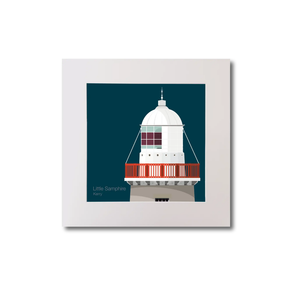 Illustration Little Samphire lighthouse on a midnight blue background, mounted and measuring 20x20cm.