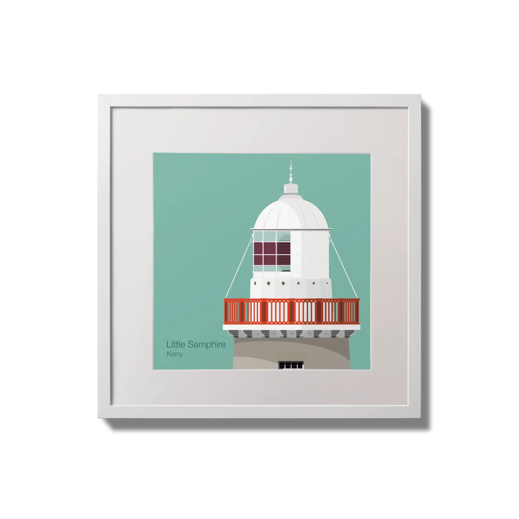 Contemporary wall hanging Little Samphire lighthouse on an ocean green background,  in a white square frame measuring 20x20cm.