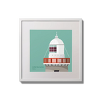Contemporary wall hanging Little Samphire lighthouse on an ocean green background,  in a white square frame measuring 20x20cm.