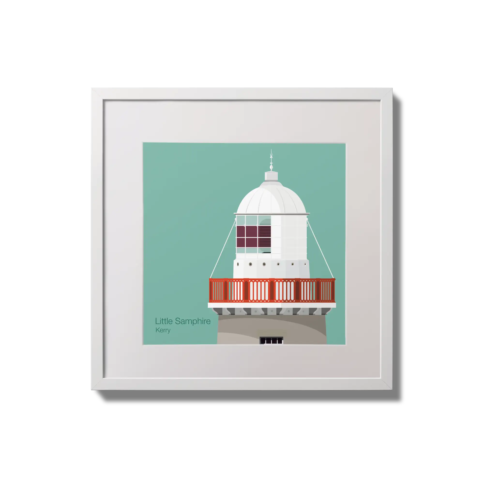 Contemporary wall hanging Little Samphire lighthouse on an ocean green background,  in a white square frame measuring 20x20cm.