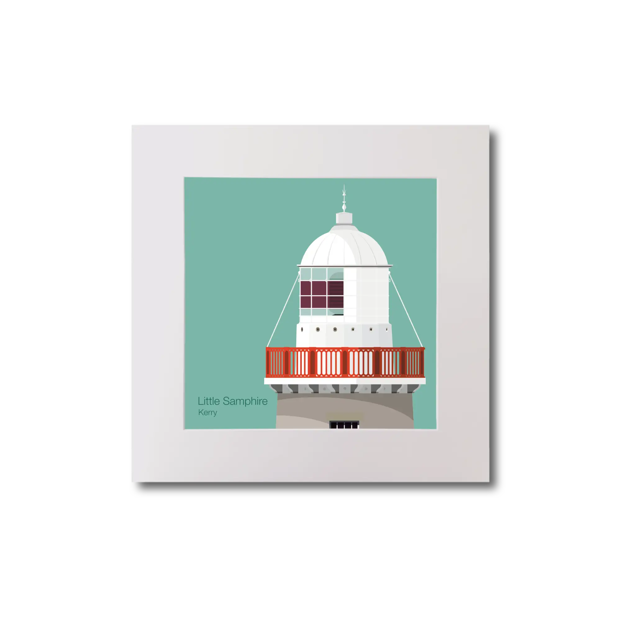 Illustration Little Samphire lighthouse on an ocean green background, mounted and measuring 20x20cm.