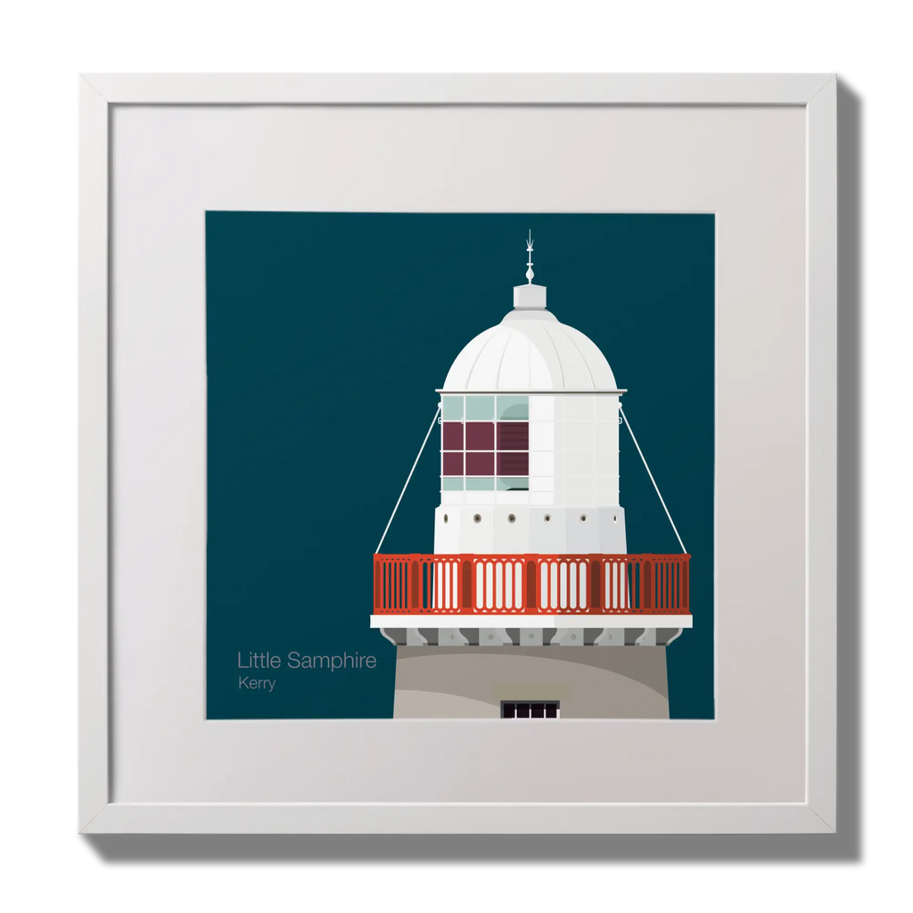 Illustration Little Samphire lighthouse on a midnight blue background,  in a white square frame measuring 30x30cm.
