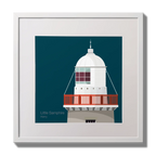 Illustration Little Samphire lighthouse on a midnight blue background,  in a white square frame measuring 30x30cm.