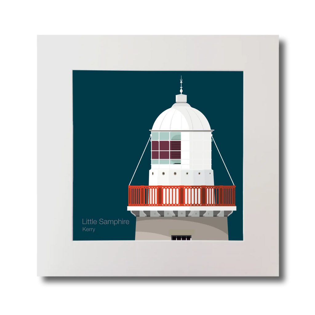 Illustration Little Samphire lighthouse on a midnight blue background, mounted and measuring 30x30cm.