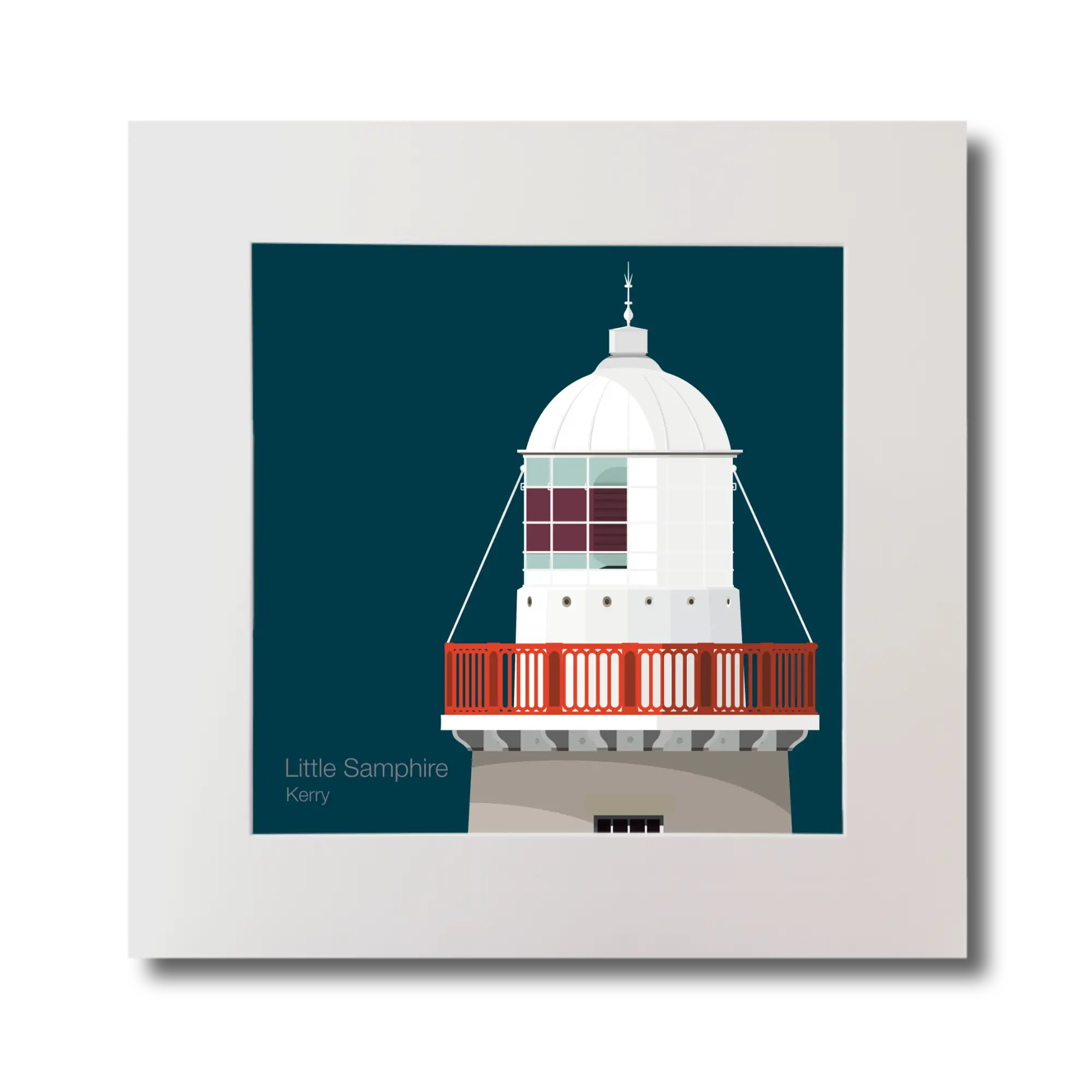 Illustration Little Samphire lighthouse on a midnight blue background, mounted and measuring 30x30cm.