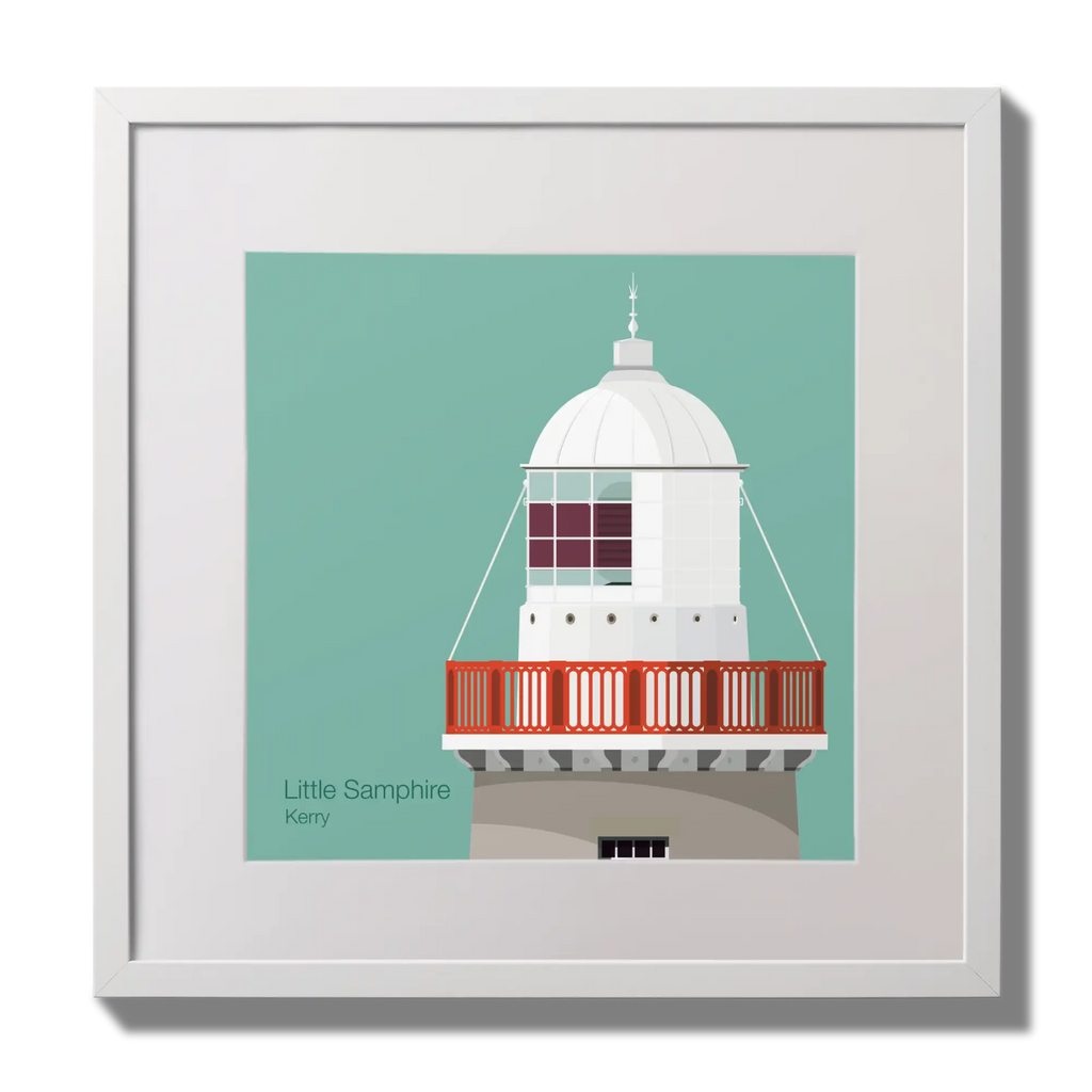 Illustration Little Samphire lighthouse on an ocean green background,  in a white square frame measuring 30x30cm.