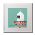 Illustration Little Samphire lighthouse on an ocean green background,  in a white square frame measuring 30x30cm.