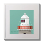 Illustration Little Samphire lighthouse on an ocean green background,  in a white square frame measuring 30x30cm.