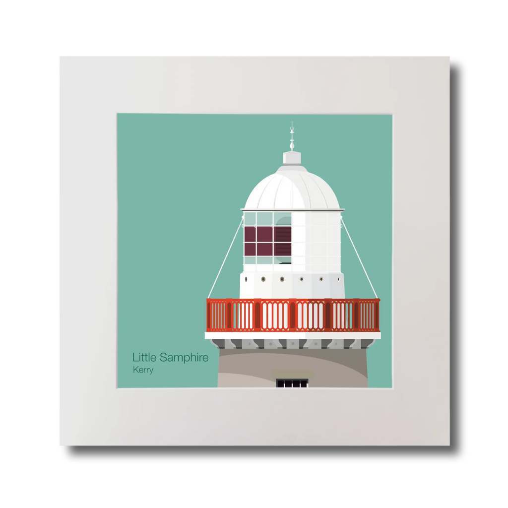 Illustration Little Samphire lighthouse on an ocean green background, mounted and measuring 30x30cm.