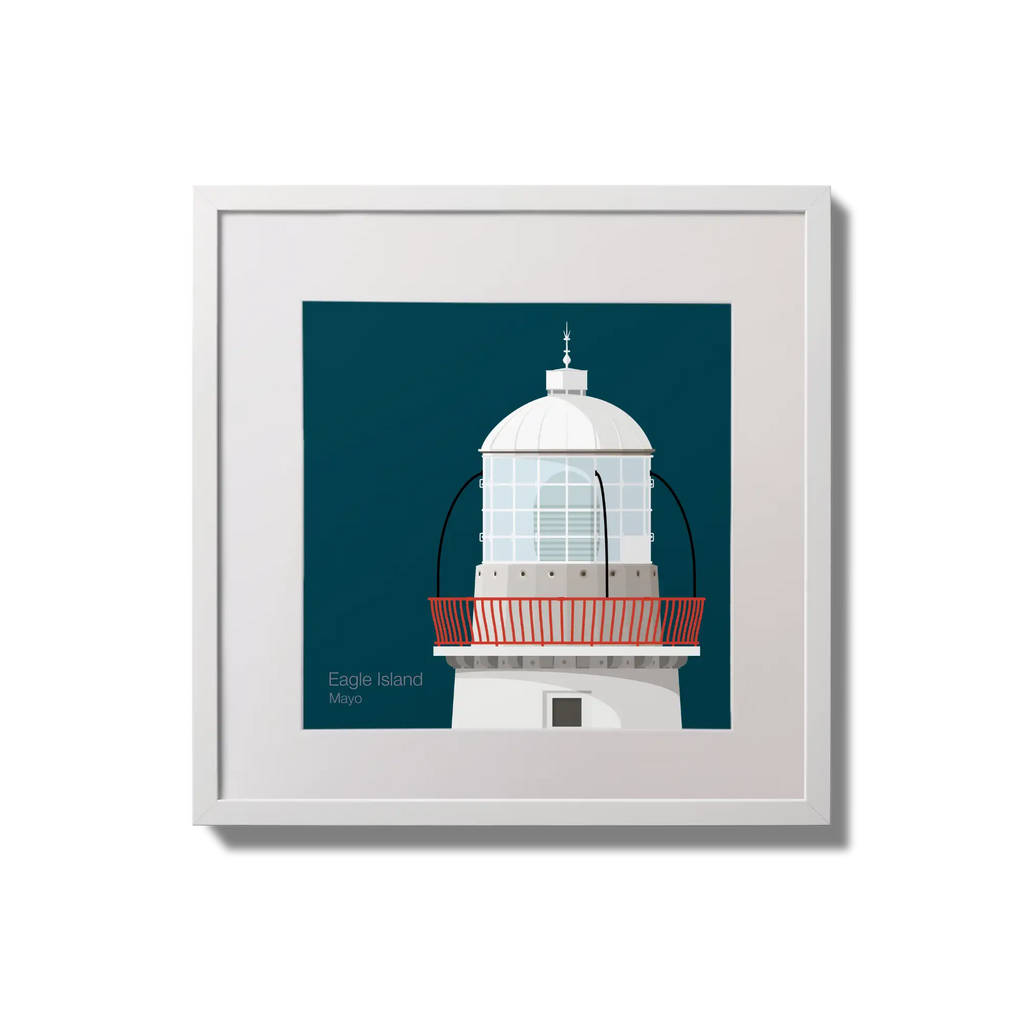 Framed wall art decoration Eagle Island lighthouse on a midnight blue background,  in a white square frame measuring 20x20cm.