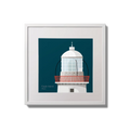 Framed wall art decoration Eagle Island lighthouse on a midnight blue background,  in a white square frame measuring 20x20cm.