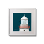Framed wall art decoration Eagle Island lighthouse on a midnight blue background,  in a white square frame measuring 20x20cm.
