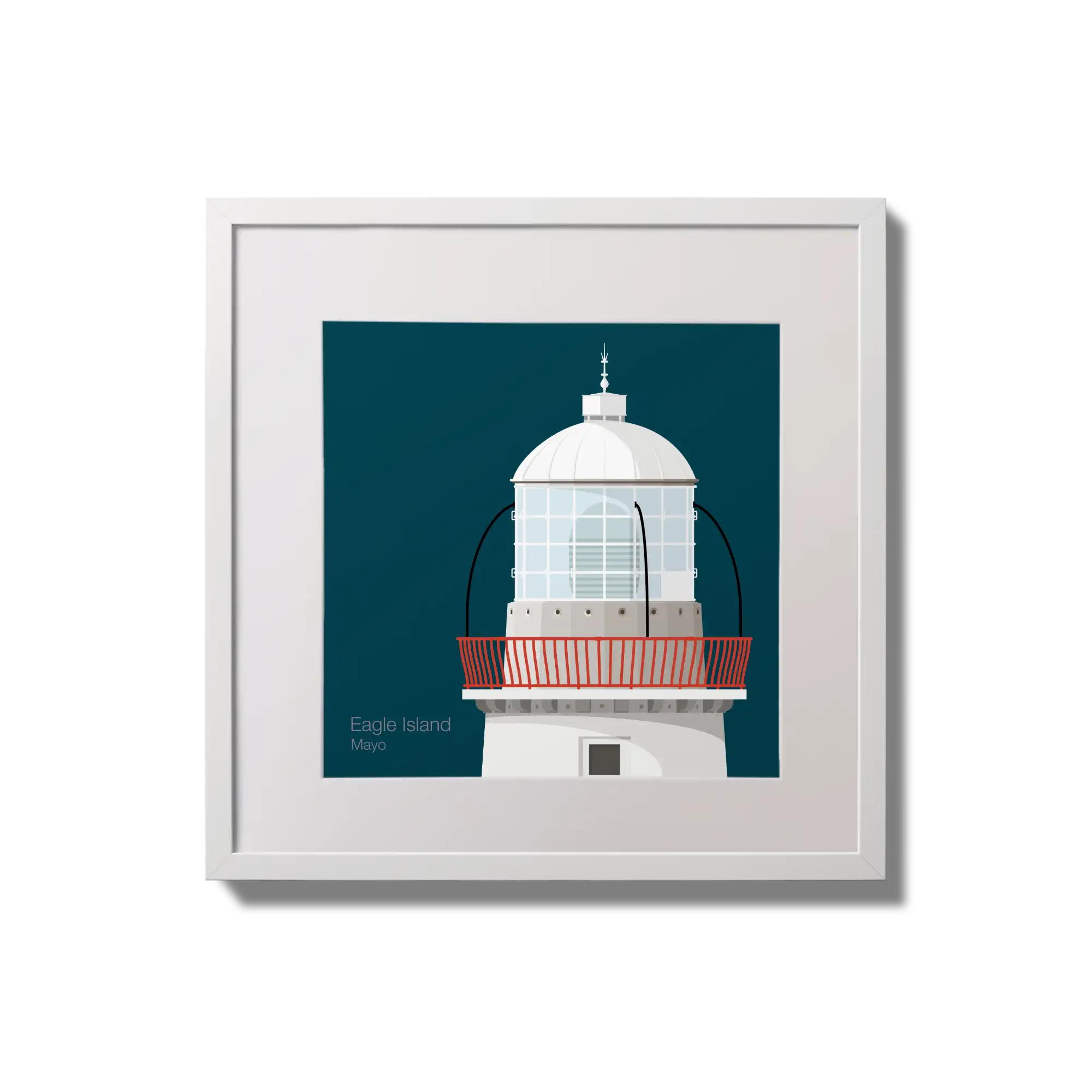 Framed wall art decoration Eagle Island lighthouse on a midnight blue background,  in a white square frame measuring 20x20cm.