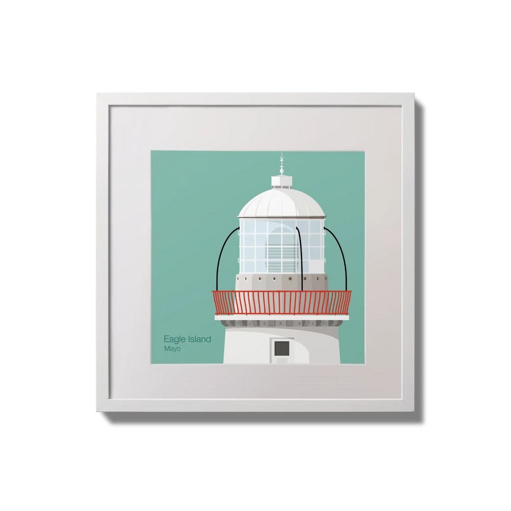 Contemporary wall hanging Eagle Island lighthouse on an ocean green background,  in a white square frame measuring 20x20cm.