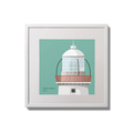 Contemporary wall hanging Eagle Island lighthouse on an ocean green background,  in a white square frame measuring 20x20cm.