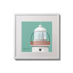 Contemporary wall hanging Eagle Island lighthouse on an ocean green background,  in a white square frame measuring 20x20cm.