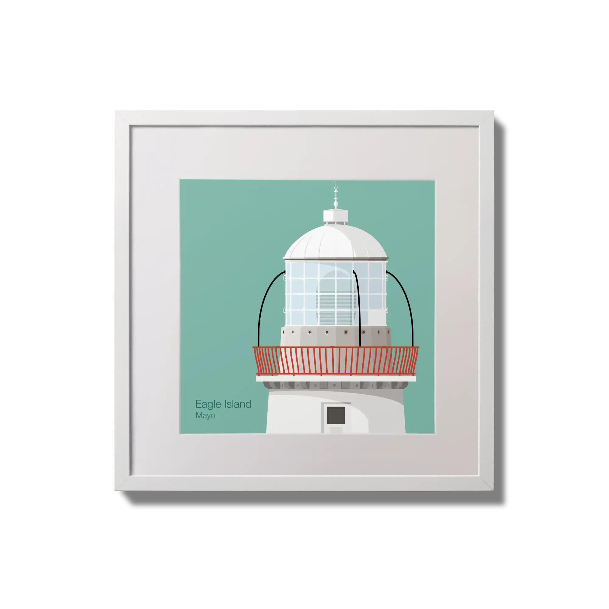 Contemporary wall hanging Eagle Island lighthouse on an ocean green background,  in a white square frame measuring 20x20cm.