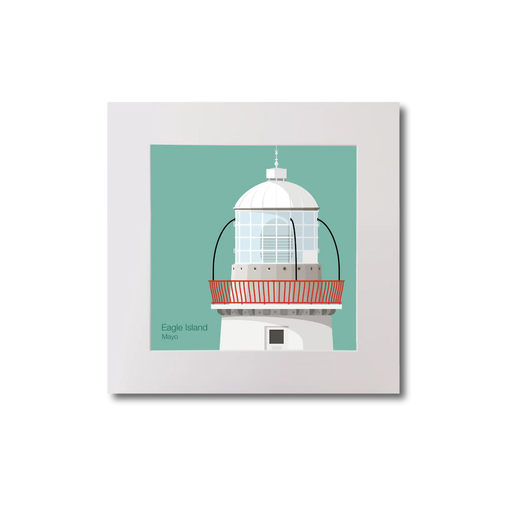 Illustration Eagle Island lighthouse on an ocean green background, mounted and measuring 20x20cm.
