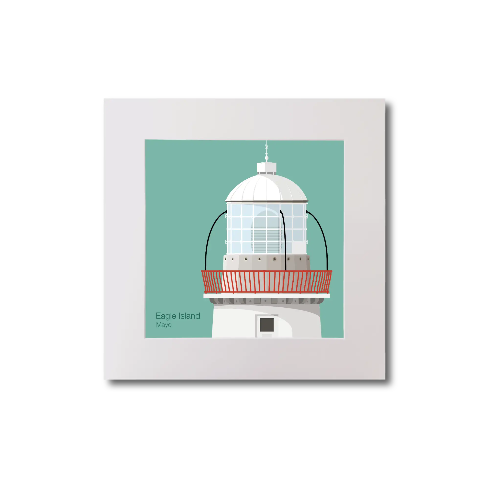 Illustration Eagle Island lighthouse on an ocean green background, mounted and measuring 20x20cm.