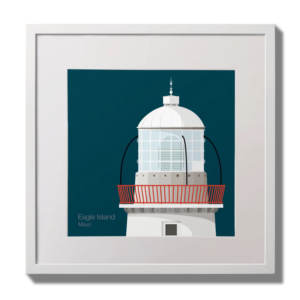 Illustration Eagle Island lighthouse on a midnight blue background,  in a white square frame measuring 30x30cm.