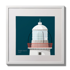 Illustration Eagle Island lighthouse on a midnight blue background,  in a white square frame measuring 30x30cm.