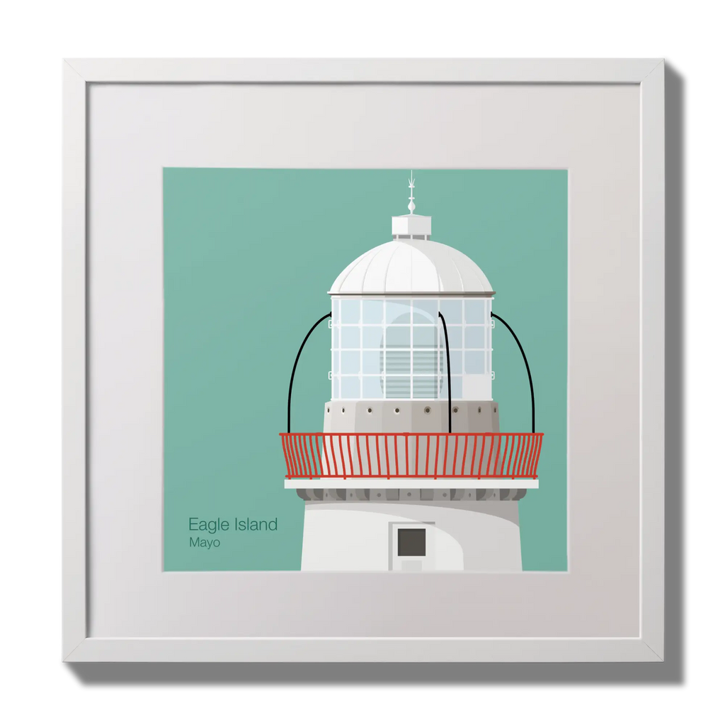 Illustration Eagle Island lighthouse on an ocean green background,  in a white square frame measuring 30x30cm.