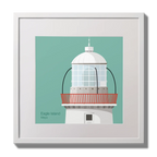 Illustration Eagle Island lighthouse on an ocean green background,  in a white square frame measuring 30x30cm.