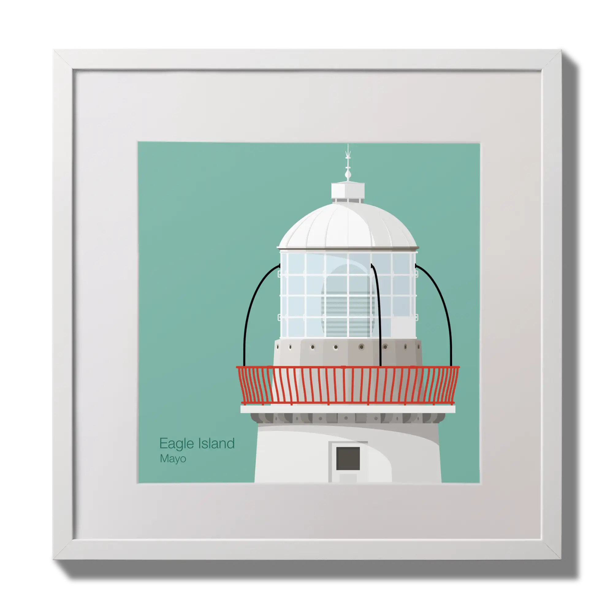 Illustration Eagle Island lighthouse on an ocean green background,  in a white square frame measuring 30x30cm.