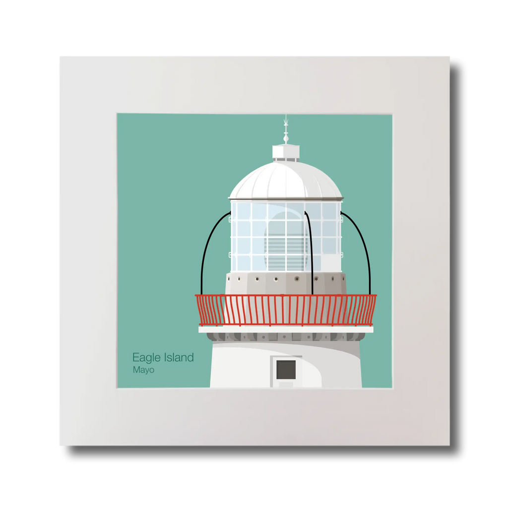 Illustration Eagle Island lighthouse on an ocean green background, mounted and measuring 30x30cm.