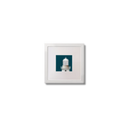Contemporary wall art Tarbert lighthouse on a midnight blue background,  in a white square frame measuring 10x10cm.
