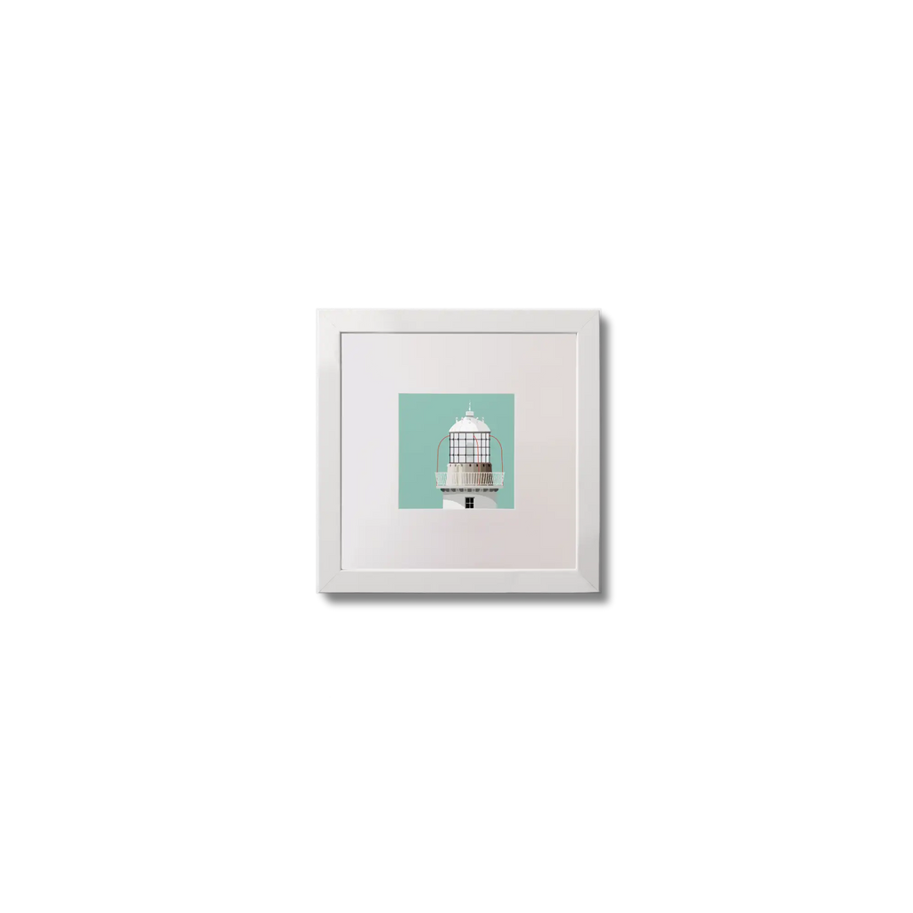 Illustration Tarbert lighthouse on an ocean green background,  in a white square frame measuring 10x10cm.