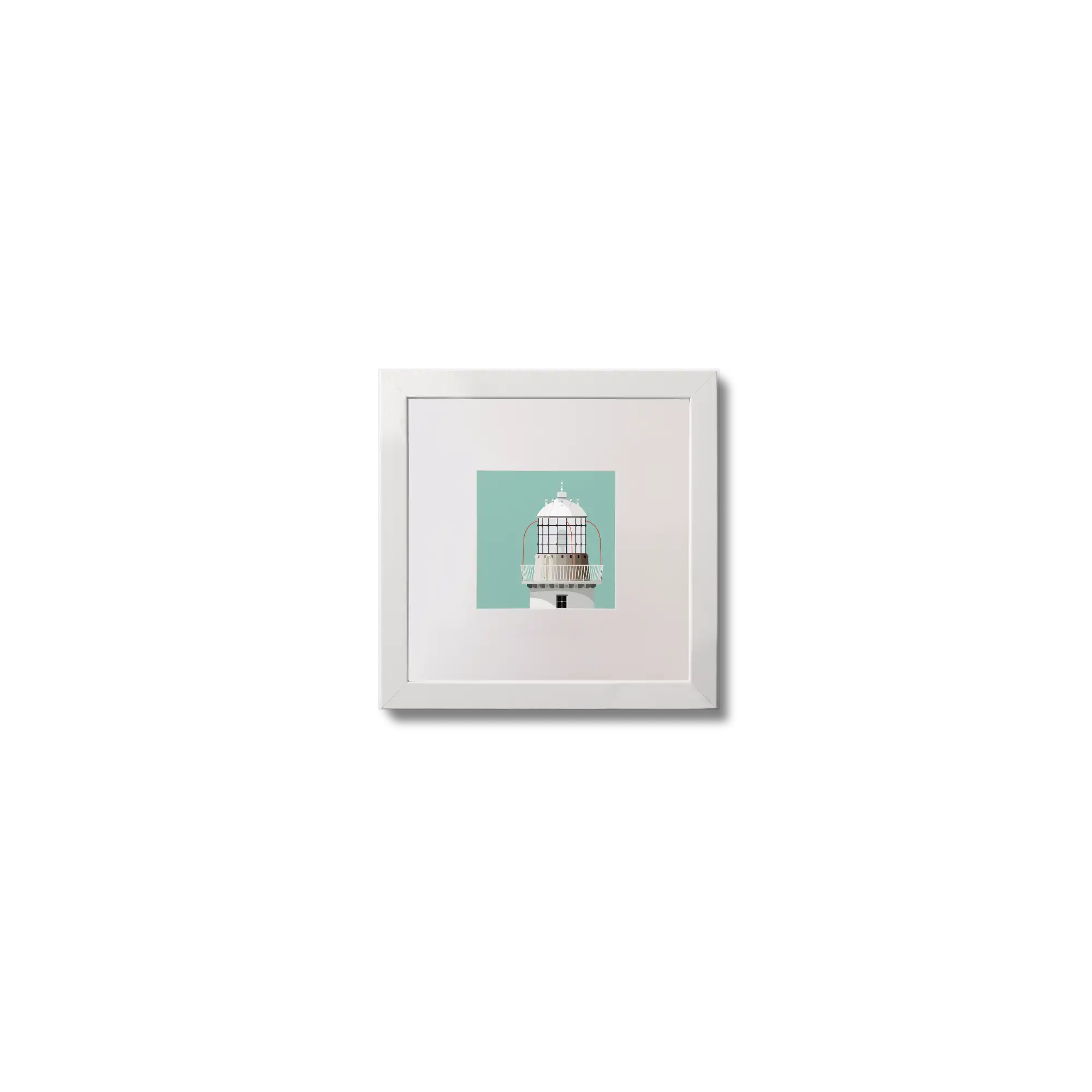 Illustration Tarbert lighthouse on an ocean green background,  in a white square frame measuring 10x10cm.
