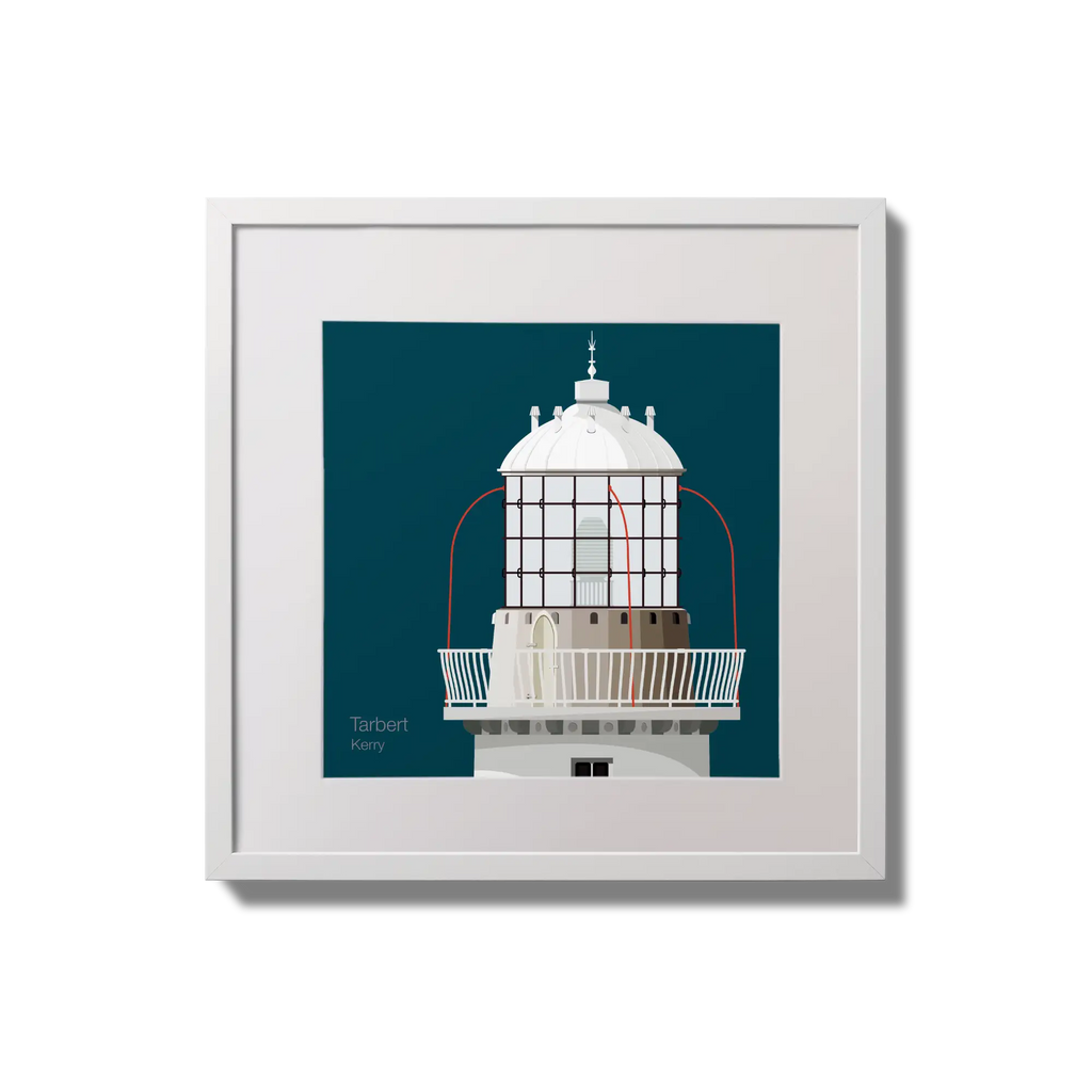 Framed wall art decoration Tarbert lighthouse on a midnight blue background,  in a white square frame measuring 20x20cm.