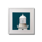 Framed wall art decoration Tarbert lighthouse on a midnight blue background,  in a white square frame measuring 20x20cm.