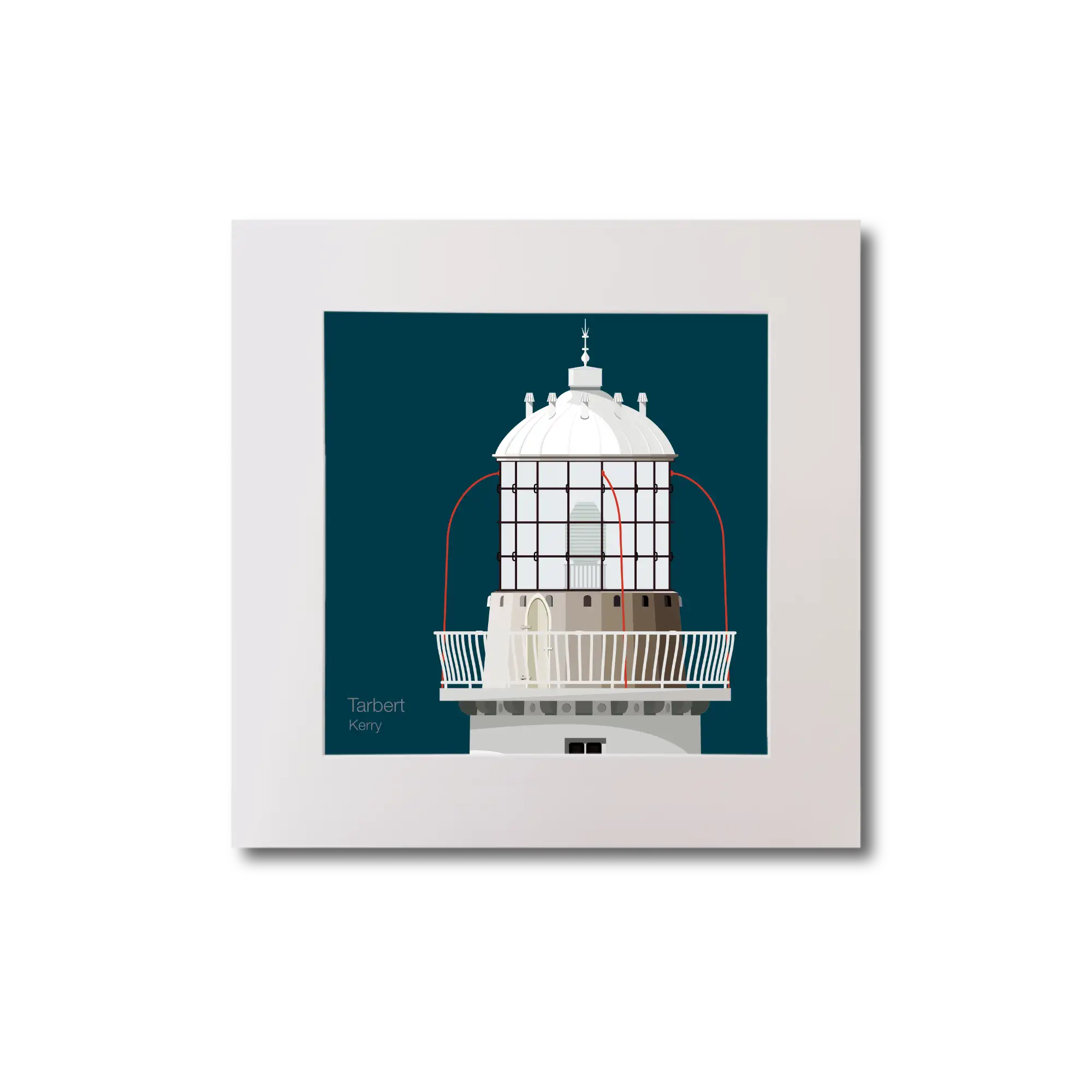 Illustration Tarbert lighthouse on a midnight blue background, mounted and measuring 20x20cm.