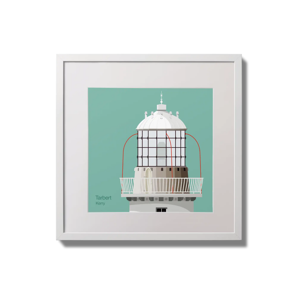 Contemporary wall hanging Tarbert lighthouse on an ocean green background,  in a white square frame measuring 20x20cm.
