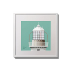 Contemporary wall hanging Tarbert lighthouse on an ocean green background,  in a white square frame measuring 20x20cm.